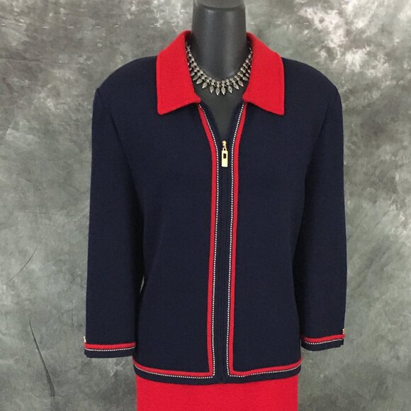 BEAUTIFUL st john collection knit blue red multi jacket skirt suit size 14 - Picture 4 of 9